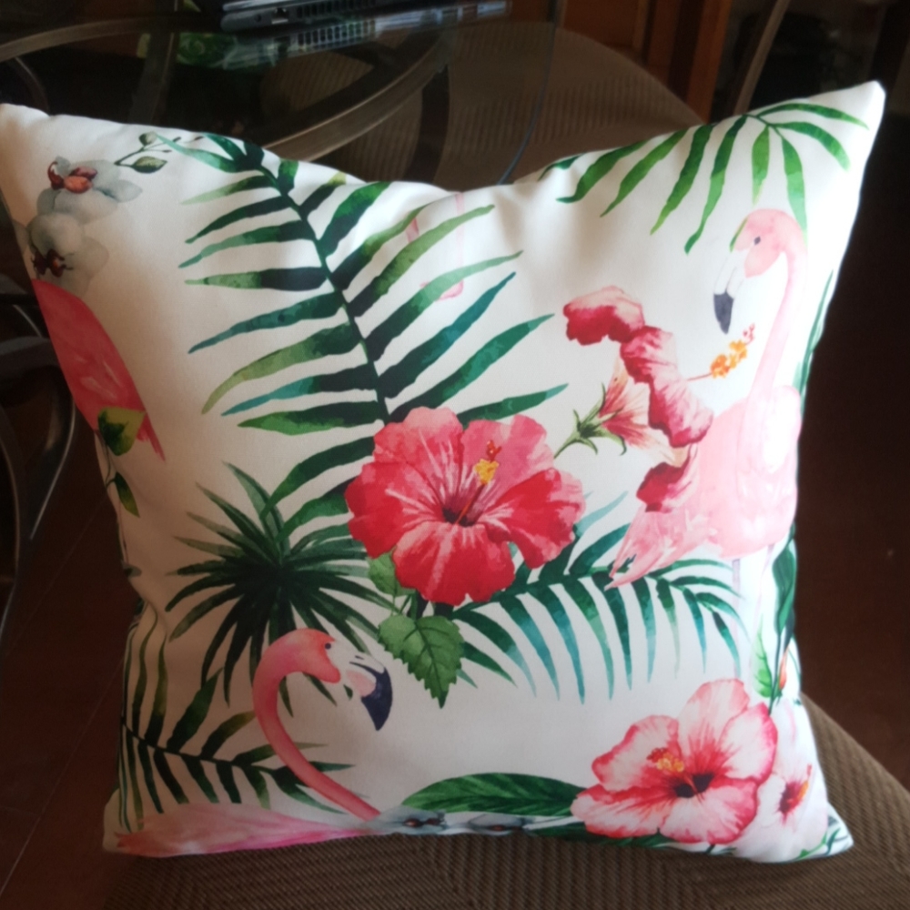 Flamingo Pillow with Hibiscus Flowers